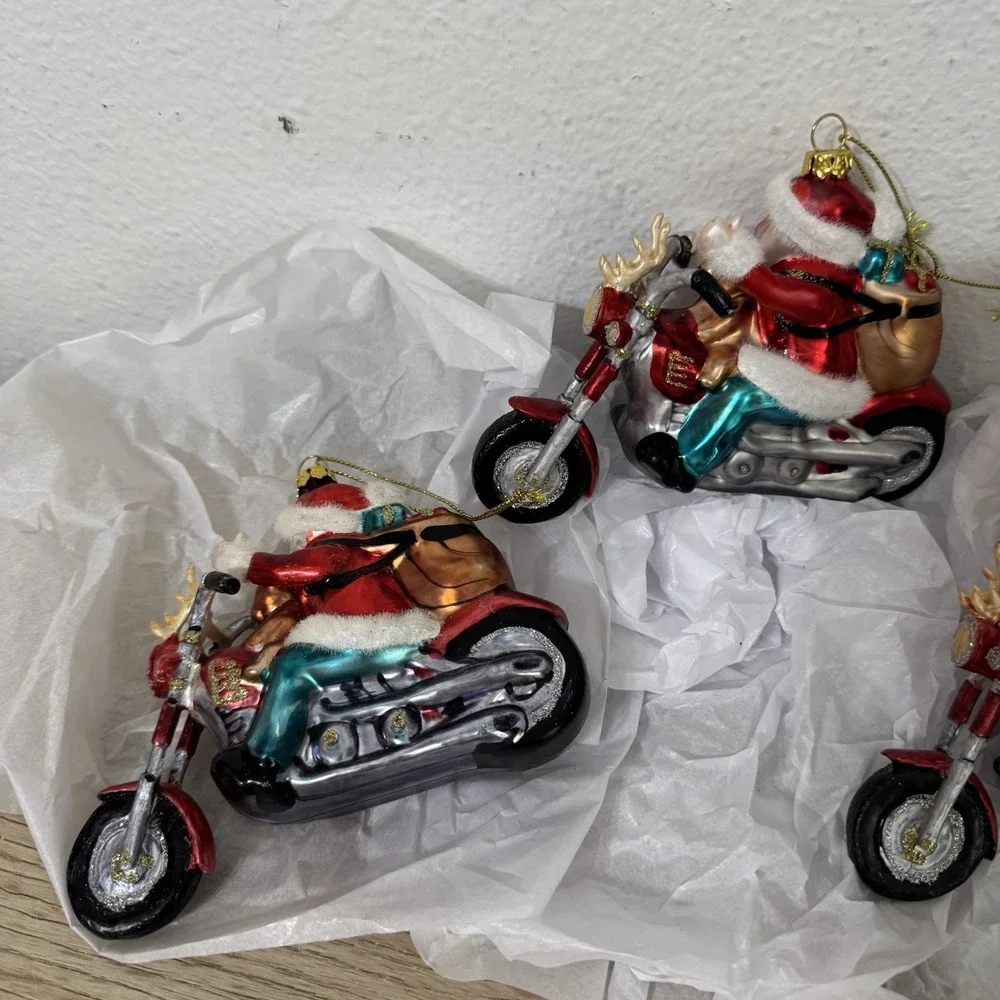 Peschka Rider Biker Santa Claus Glass Christmas Ornament Set‎ Of 4 Vintage